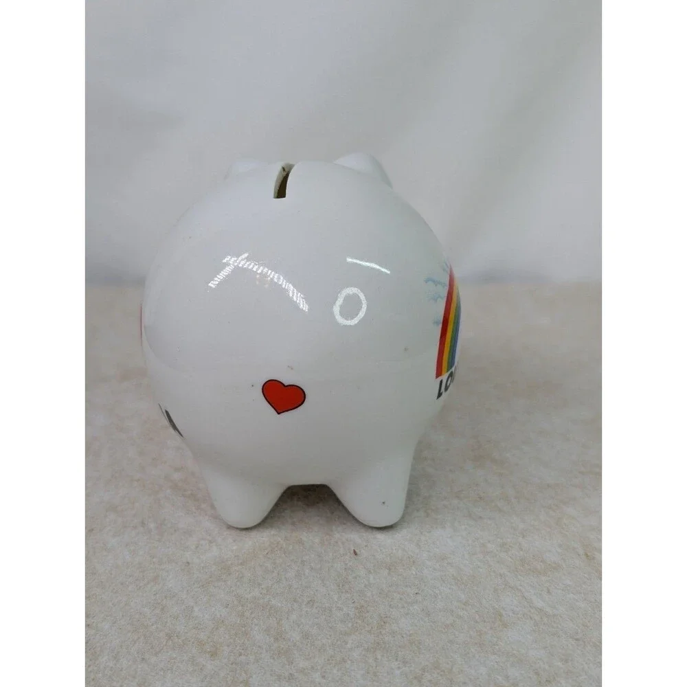 Vintage Porcelain Louisiana Souvenir Piggy Bank with Rainbow & Red Hearts